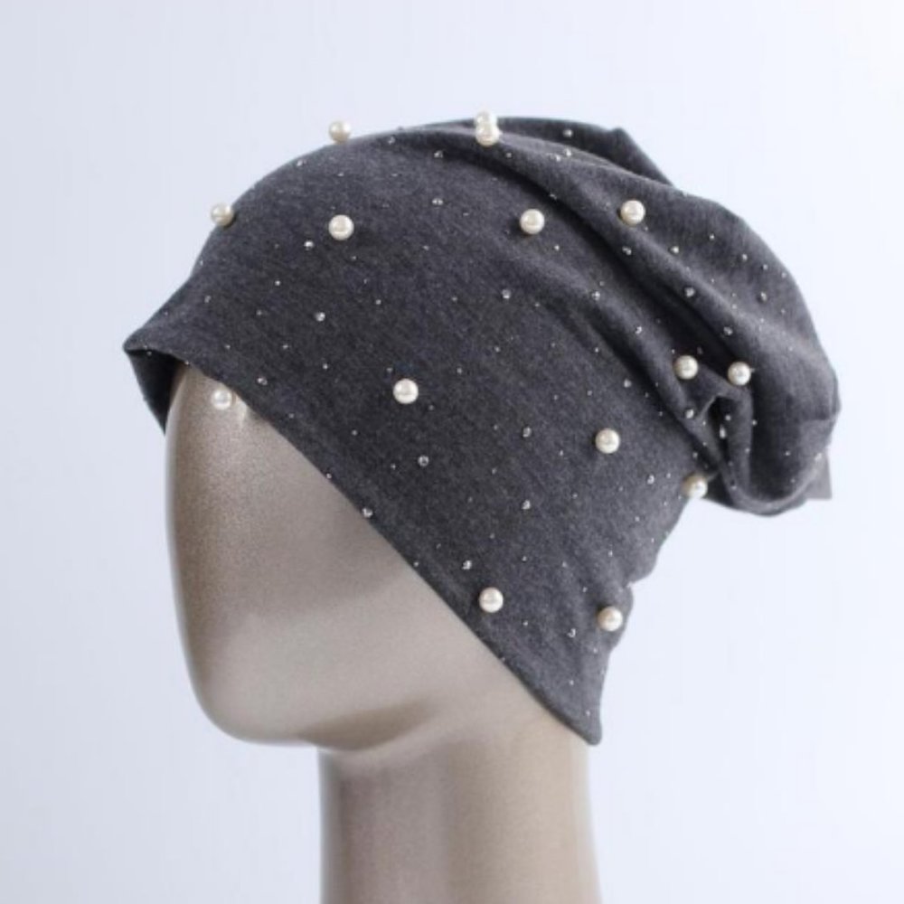 NEW Womens Gray Pearl and Rhinestone Beanie